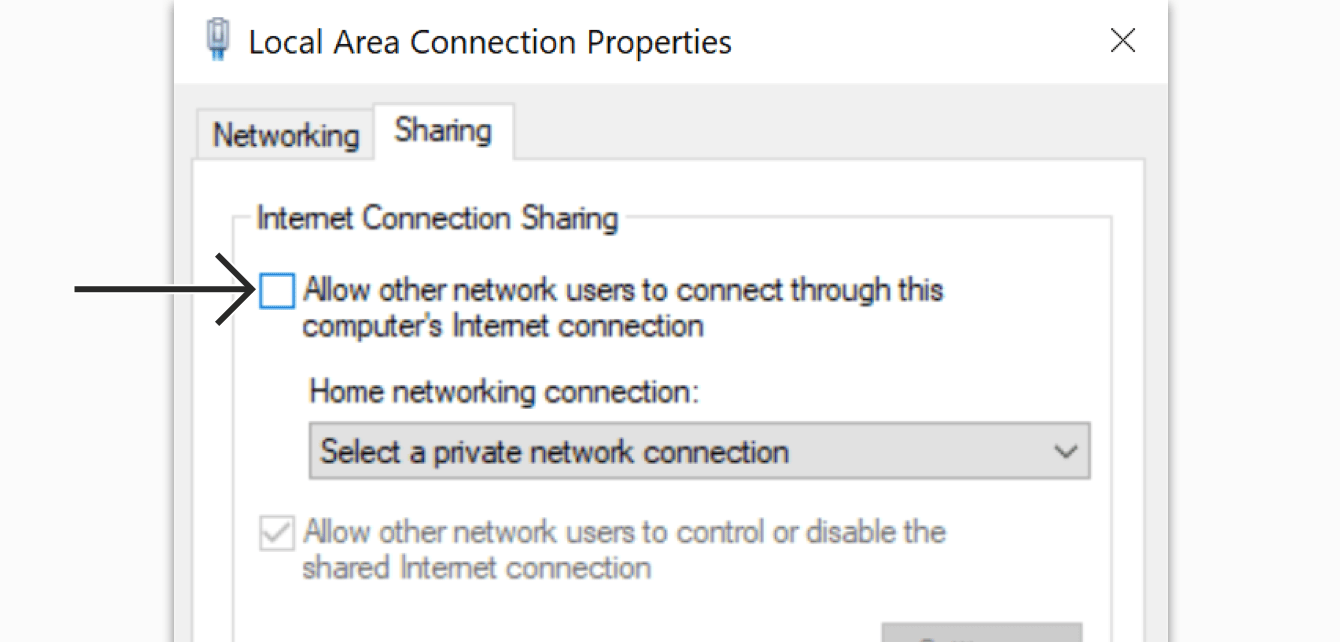 Check the box for “Allow other network users to connect through this computer’s Internet connection.”
