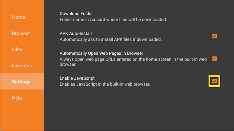 Tela de configurações do Downloader com caixa Ativar JavaScript realçada.