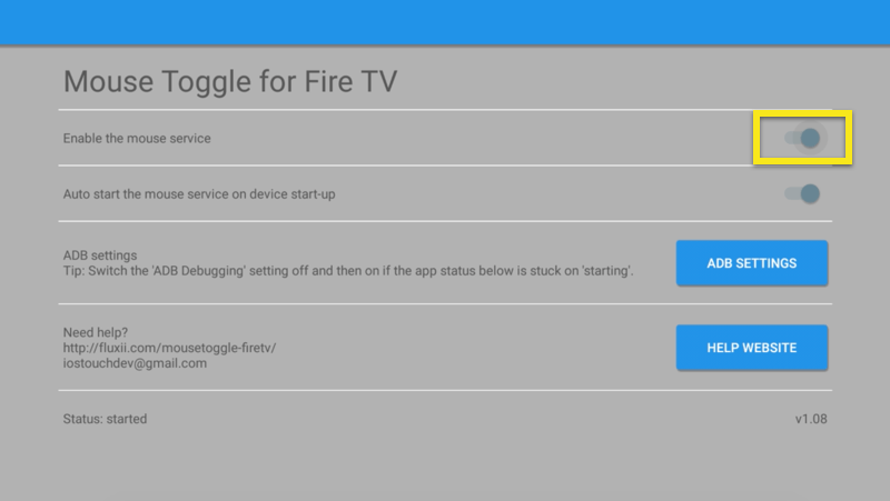 Mouse Toggle scherm met Enable the mouse service schakelaar ingesteld op aan.