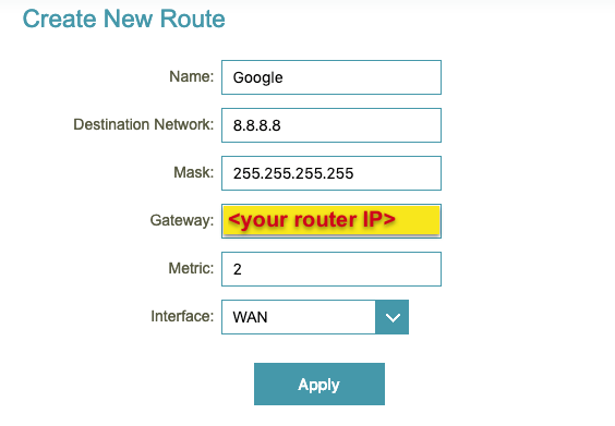 Enter a static route rule in the D-Link router dashboard.