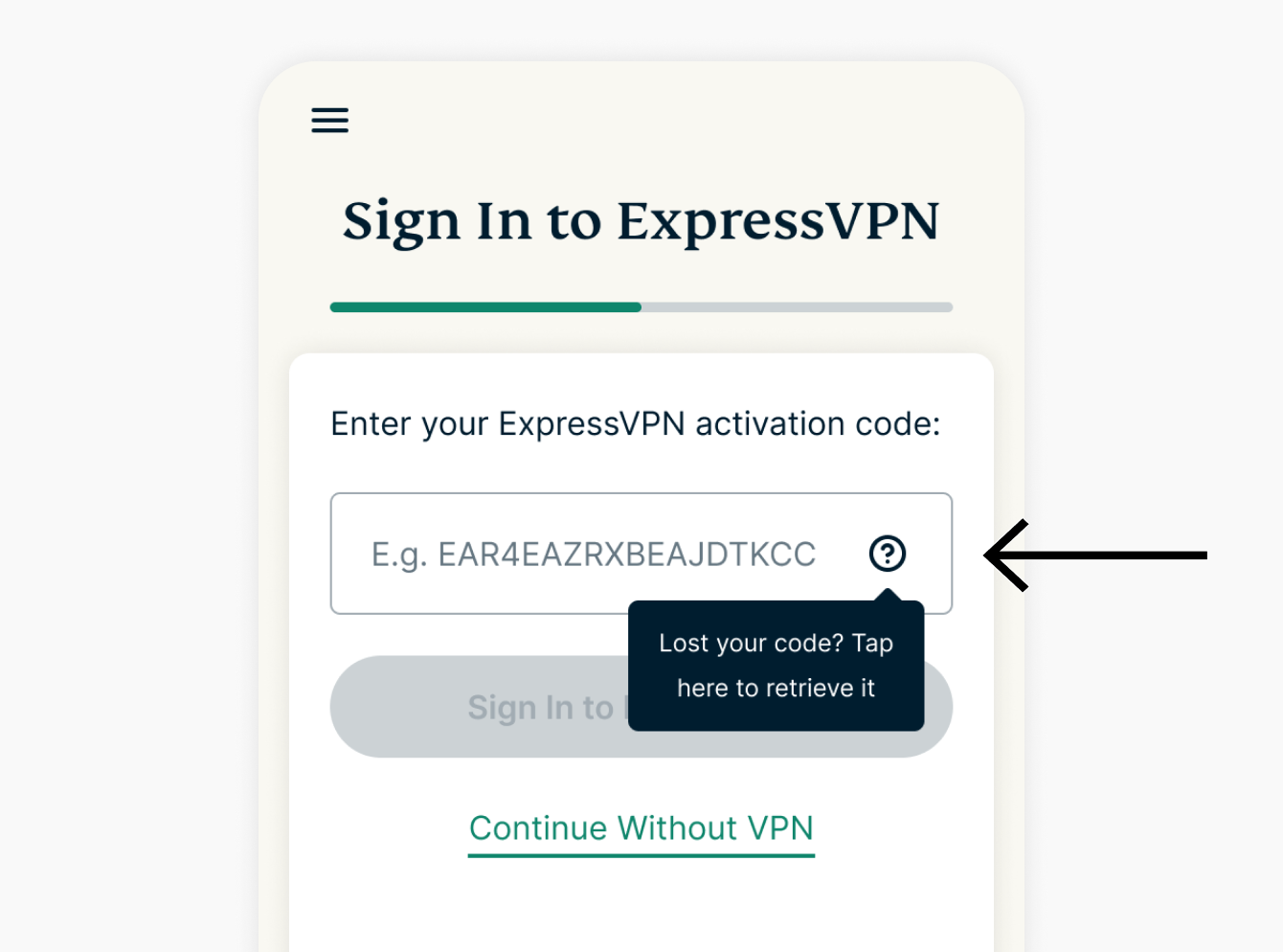 sign in to expressvpn screen with activation code entered