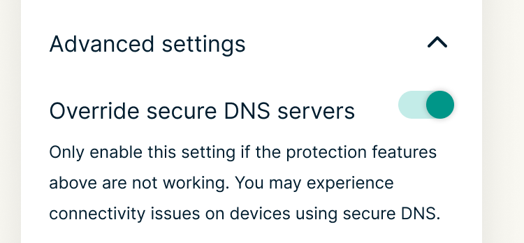 Aircoven Ohita suojatut DNS-palvelimet -valinta