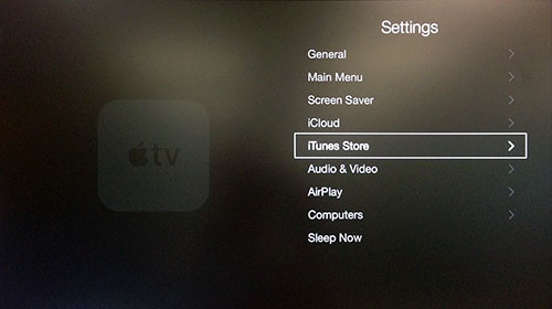 Apple TV Settings menu with iTunes Store highlighted.