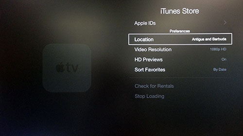 Apple TV iTunes Store menu with Location highlighted.