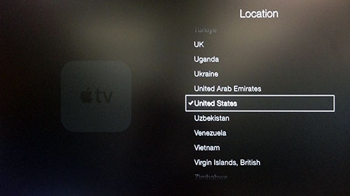 Apple TV Location menu with United States highlighted.