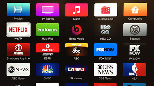 Tela da Apple TV mostrando provedores de conteúdo dos EUA.