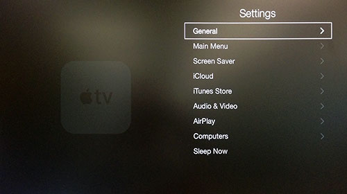 Apple TV-inställningsmeny med Allmänt markerat.