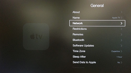 Menu geral da Apple TV com Rede realçada.