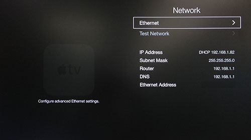 Apple TV Netzwerk-Menü mit Ethernet hervorgehoben.