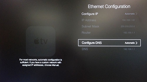 Apple TV Ethernet-konfigureringsmeny med Konfigurera DNS markerat.