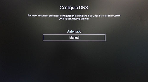 Apple TV Configure DNS menu with Manual highlighted.