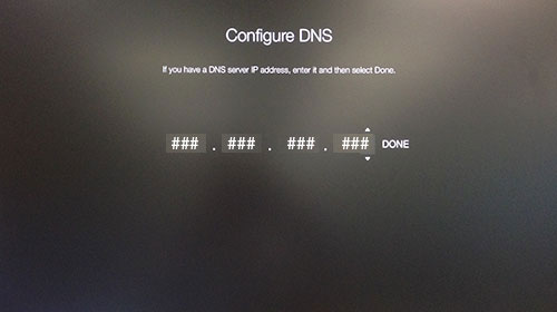 Tela de configuração de DNS da Apple TV aguardando a entrada do endereço IP.