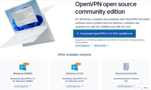 OpenVPN community downloads page with main download button highlighted.