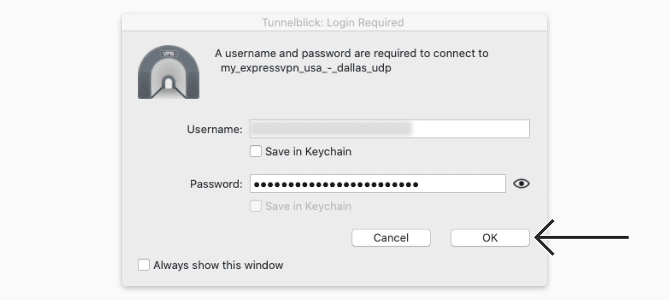 Enter the ExpressVPN OpenVPN username and password, then click “OK.”