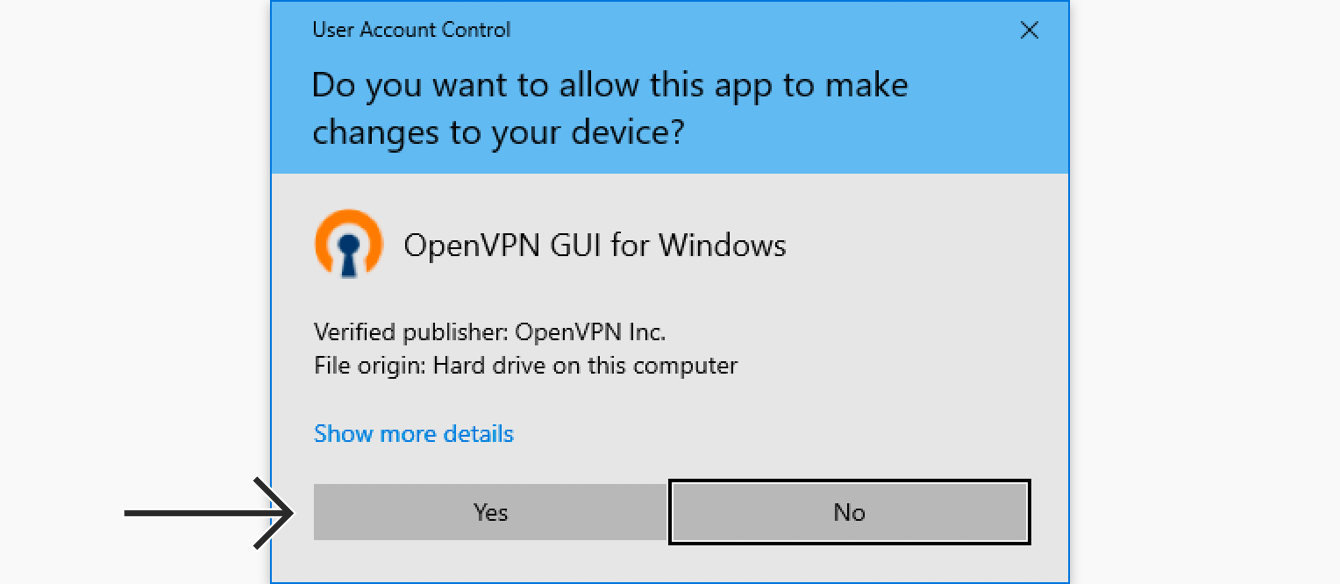 เมื่อได้รับการร้องขอ ให้อนุญาตให้ OpenVPN เปลี่ยนแปลงอุปกรณ์ของคุณ คลิก "ใช่"