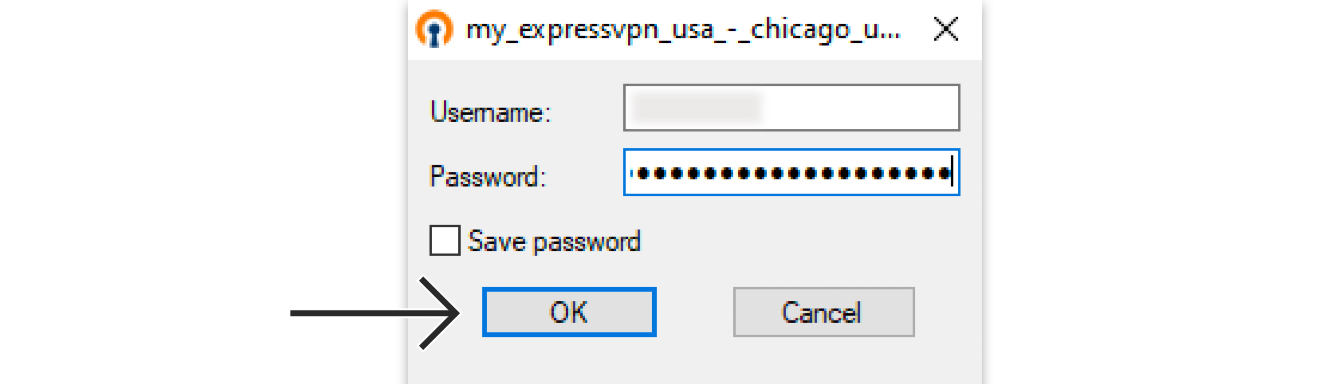 กรอกชื่อผู้ใช้และรหัสผ่าน ExpressVPN OpenVPN ที่คุณพบก่อนหน้านี้ จากนั้นคลิก "ตกลง"