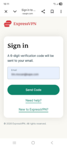 ExpressVPN sign-in page in a web browser on Android.