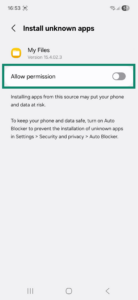The settings page for allowing the installation of unknown apps via the My Files app on Android. The Allow permission toggle is highlighted.