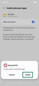 ExpressVPN APK app installation popup window on an Android. The Install button is highlighted.