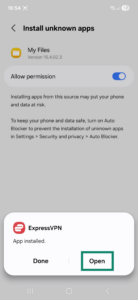 ExpressVPN APK app installation popup window on an Android. The Install button is highlighted.