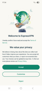 ExpressVPN app interface showing a Terms of Service and Privacy Policy window on Android.