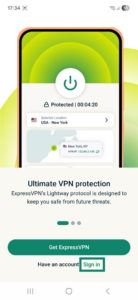 ExpressVPN app interface displaying the launch screen on Android. The Sign in button is highlighted.