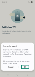 ExpressVPN app interface displaying a connection request popup window during setup. The OK button is highlighted.