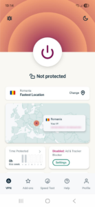 ExpressVPN app interface showing the connection screen on Android.