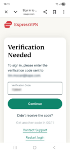 ExpressVPN sign-in page in a web browser on Android, showing the verification code window.