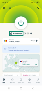 ExpressVPN app interface showing an active connection screen on Android. The Protected status is highlighted.