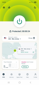 ExpressVPN app interface showing an active VPN connection on Android.