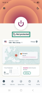 ExpressVPN app interface showing an active VPN connection on Android.