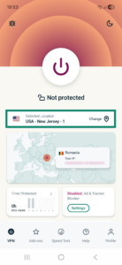 ExpressVPN app interface showing the main connection screen on Android. The Change bar is highlighted.