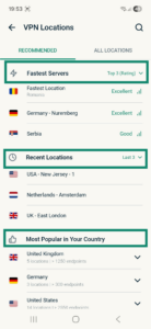 ExpressVPN user interface showing the list of VPN server locations on Android. The Search icon is highlighted.