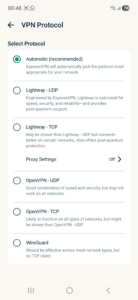 ExpressVPN app interface showing the protocol selection screen on Android.