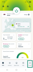 ExpressVPN app interface showing an active VPN connection screen on Android. The Profile tab is highlighted.