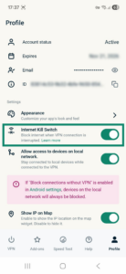 ExpressVPN app interface showing the Profile tab on Android. The Internet Kill Switch option is highlighted.