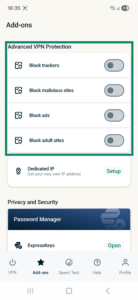 ExpressVPN app interface showing the Add-ons tab on Android. The Advanced VPN Protection features are highlighted.
