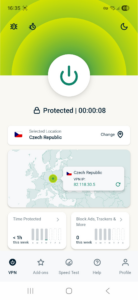 ExpressVPN app interface showing an active VPN connection on Android.