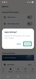 ExpressVPN app interface showing a notification window on Android triggered by changing advanced protection settings while connected to the VPN.