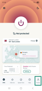 ExpressVPN app interface showing the main connection screen on Android. The Profile tab is highlighted.