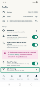 ExpressVPN app interface showing the Profile tab on Android. The Split Tunneling option is highlighted.
