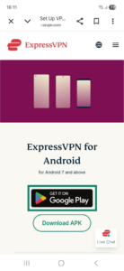 ExpressVPN Android app download page in a web browser on Android. The Get It on Google Play button is highlighted.