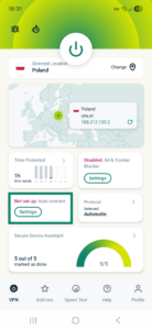 ExpressVPN app interface showing an active VPN connection on Android. The Auto-connect widget is highlighted.