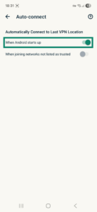 ExpressVPN app interface showing the Auto-connect tab on Android. The When Android starts up option is highlighted.