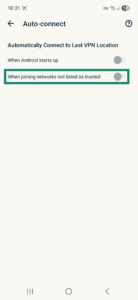ExpressVPN app interface showing the Auto-connect tab on Android. The When joining networks not listed as trusted option is highlighted.