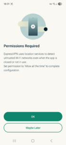ExpressVPN app interface showing a notification screen regarding permissions on Android.