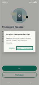 ExpressVPN app interface showing a location permission popup window on Android. The Grant Permission button is highlighted.