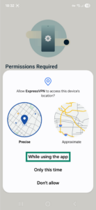 Popup window on Android displaying location permission options for the ExpressVPN app. The While using this app button is highlighted.
