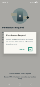 ExpressVPN app interface displaying a permission popup window on Android. The Ok button is highlighted.